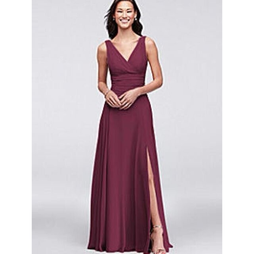 David Bridal Wine Bridesmaid Dress with Front Slit and Back Bow